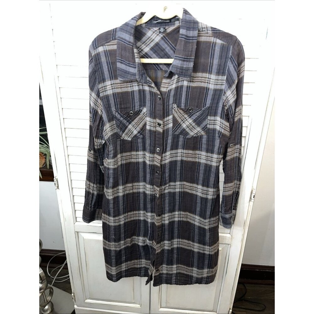 ISDA & Co Brown and Navy plaid Button Down Tunic Shirt Sz Large